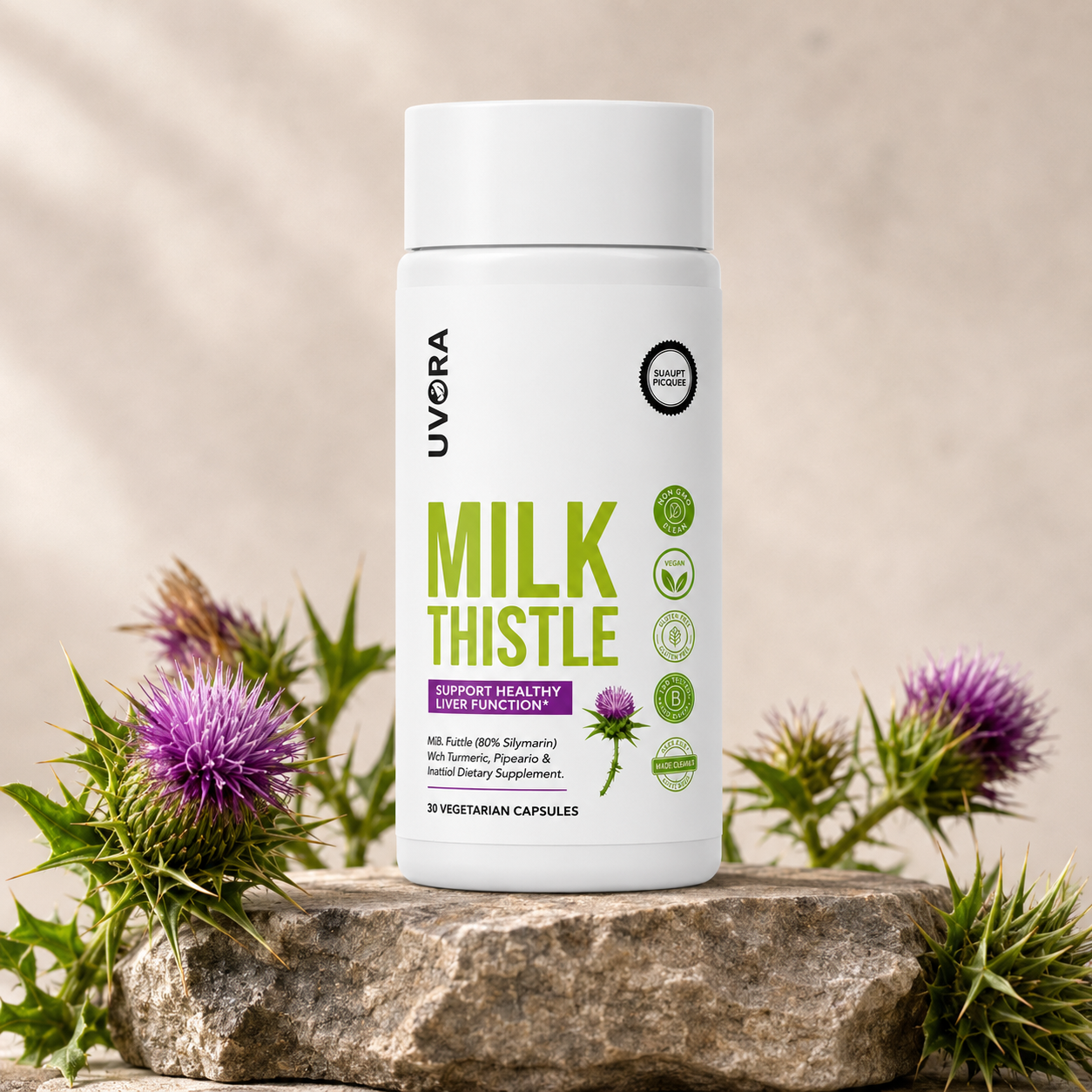 A bottle of Uvora Milk Thistle supplements rests on a rock next to fresh milk thistle plants.